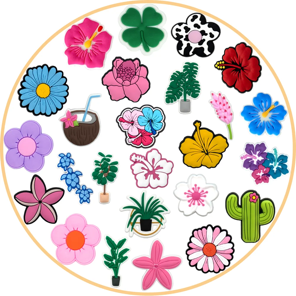 1/25-PCS Flower Shoe Charms for Women,Four-Leaf Cherry Blossom Accessories for Sandals,Coconut Cactus Shoe Decorations