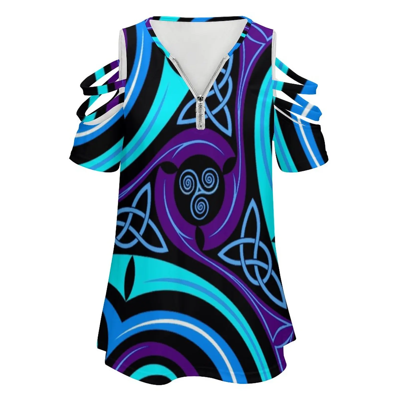 Circular Design Women's T-Shirt New Fashion Printed Zipper V-Neck Short Sleeve T Shirts Casual Plus Size Design Art Irish Art
