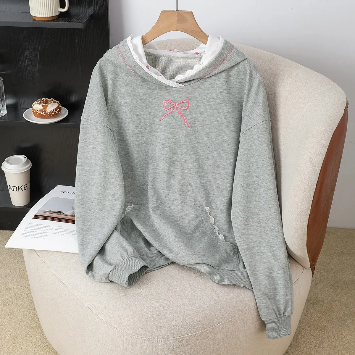 

Women's Gray Hooded Sweatshirt with Pink Bow Embroidery Casual Loose Ruffle Trim Long Sleeve Pullover Top