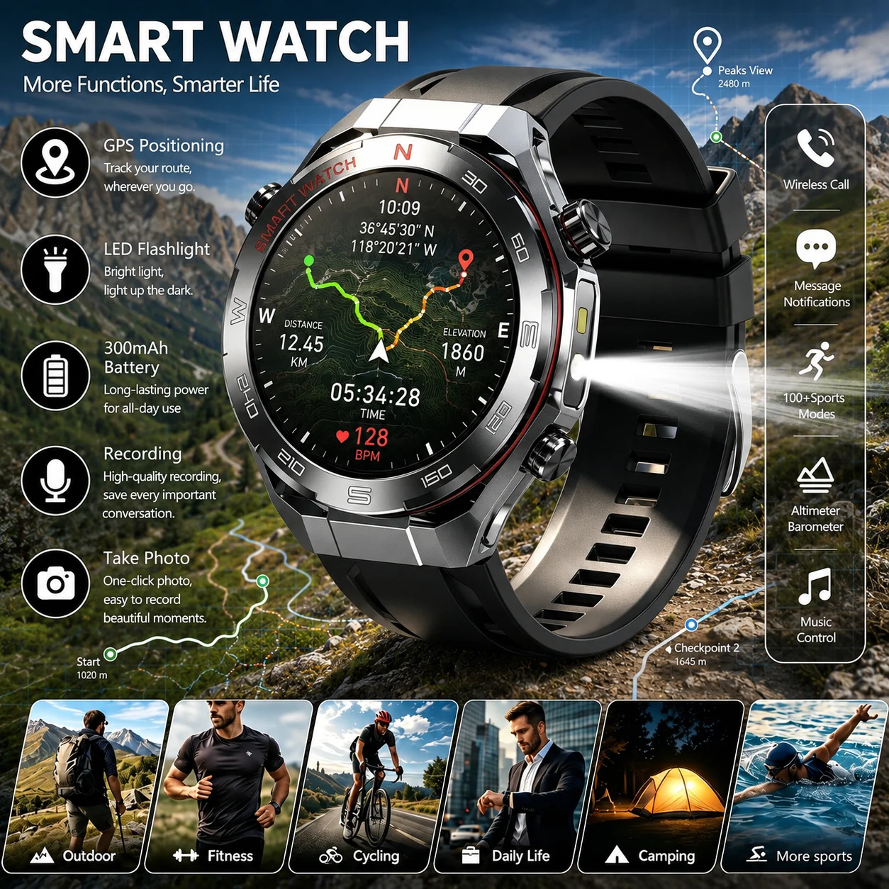 Men's Tactical Military Smart Watch Rugged GPS Bluetooth Call LED Flashlight Sport Fitness Tracker for Android iOS women's watch