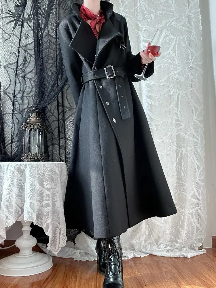 Gothic Lolita Winter Coat Women Belted Waist Stand Collar Velvet Cuff Cross Charm Slim Fit Harajuku Fashion Daily Outfit 2026
