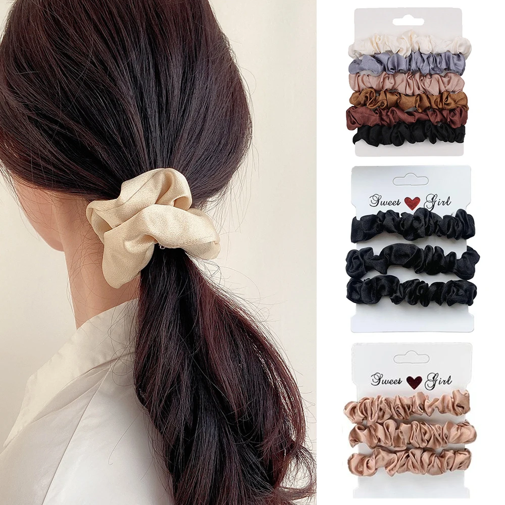 3PCS 6PCS Multicolor Women Satin Silk Hair Scrunchies Hair Rope Simple Solid Color Silky Elastic Hair Bands Ponytail Holder HOT