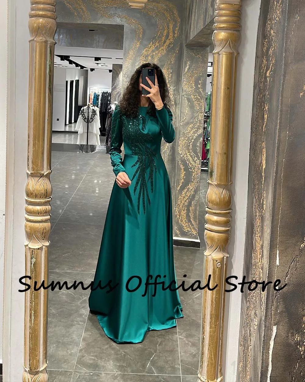 Sumnus Emerald Green Satin Long Saudi Arabia Evening Party Dresses Sequins Bead Full Sleeve Muslim Dubai Evening Gowns Customize