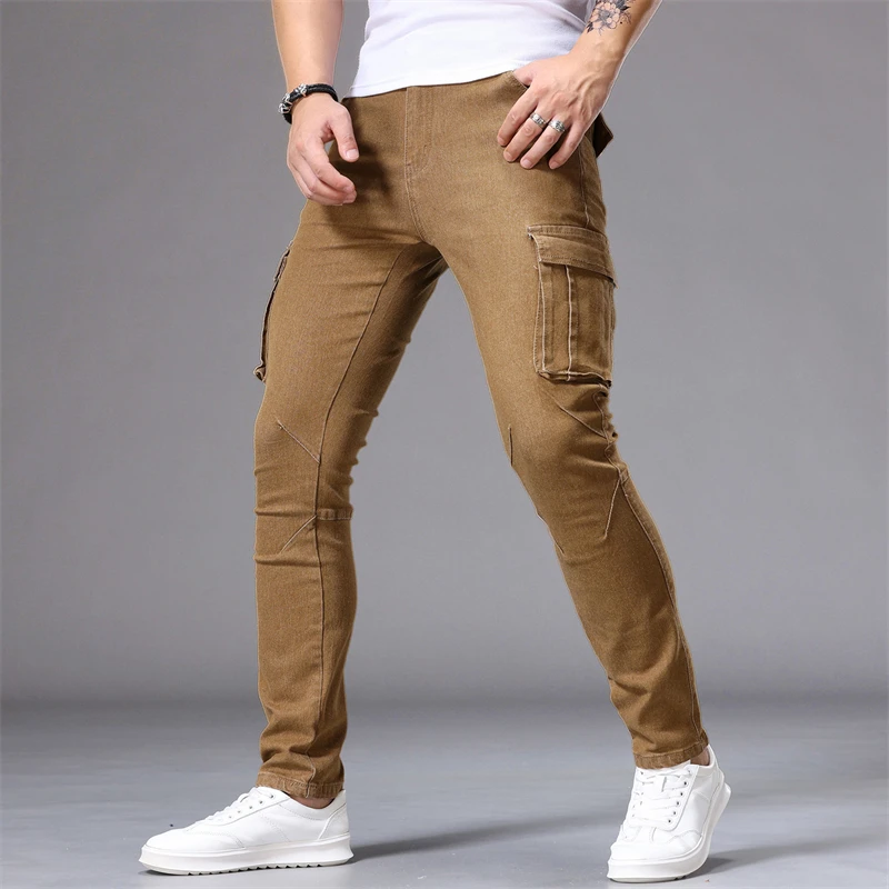 

Y2K джинсы-карго мужские тонкие эластичные байкерские джинсовые брюки в стиле хип-хоп уличная одежда винтажные осенние узкие мужские повседневные брюки цвета хаки