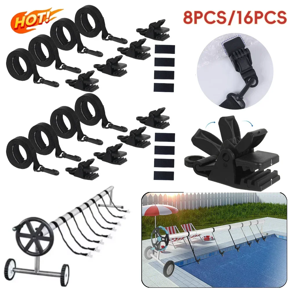 24 Pcs Solar Blanket Straps Kit Including 8 Straps 8 Clips and 8 Fastener Solar Cover Reel Strap Kit for In-Ground Swimming Pool