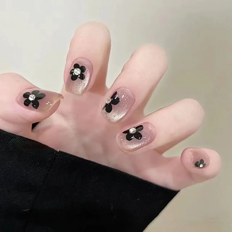 

10 Pieces Simple Delicate Handmade Press On Nails Black Flowers Cat Eye Silver Glitter Fake Nails Removable Reusable