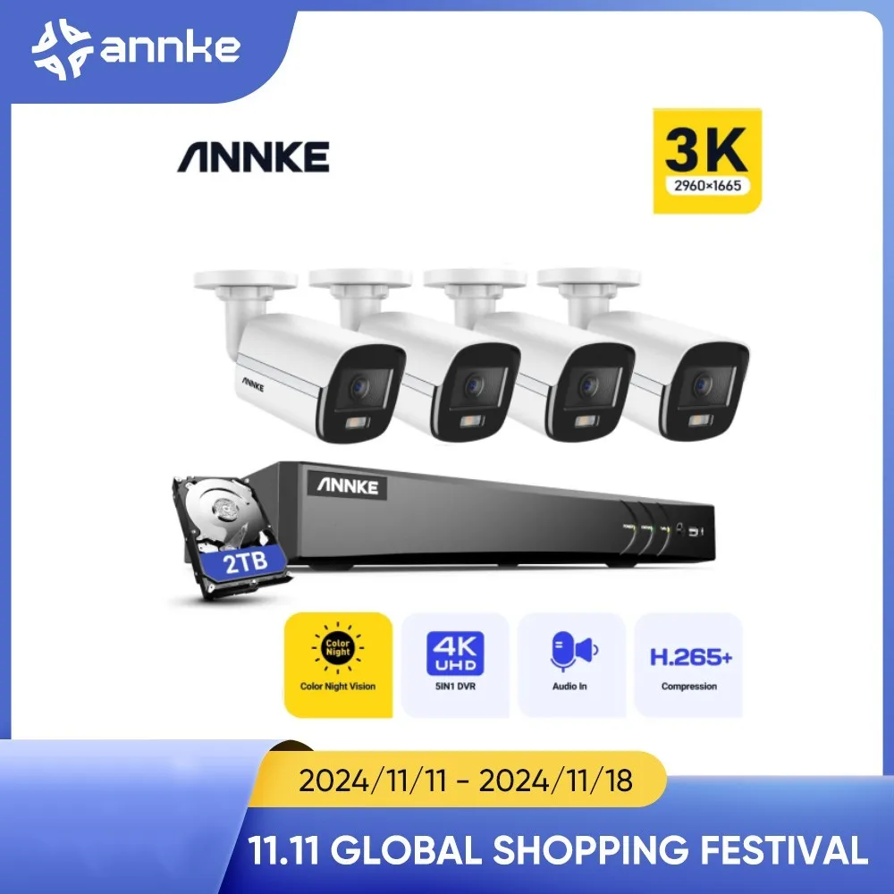 ANNKE 8CH DVR Video Surveillance System Outdoor Wired CCTV 4×5MP Cameras,Color Night Vision,Built-in Microphone, Remote Access