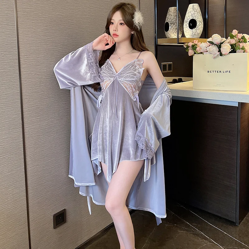 Summer Sling Lace Women\'s Underwear Two-Pieces Set Satin Silk Sleepwear Butterfly Embroidery Backless Nightdress