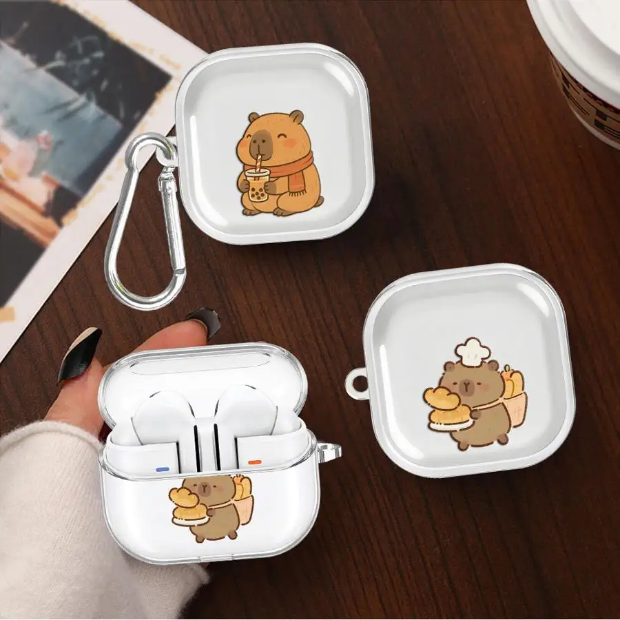Clear Earphone Cases Cover With Hook Case For Samsung Galaxy Buds 3 FE 2Pro 2 3Pro 4Pro 4 Pro Live Cartoon Capybara