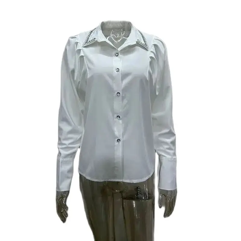 Spring Autumn Fashion Diamond Inlay Shirts For Women Solid Color Long Sleeves Loose Turn-down Collar Buttons Cardigans Blouses