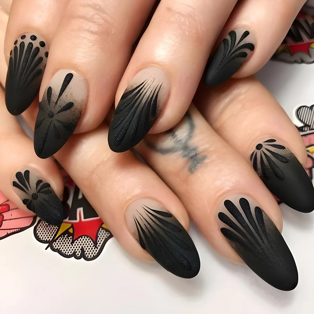 24pcs Matte Black Fake Nails Sweet Cool Spice Girls Style Press on Nails Wearable Detachable European Almond Shaped False Nails