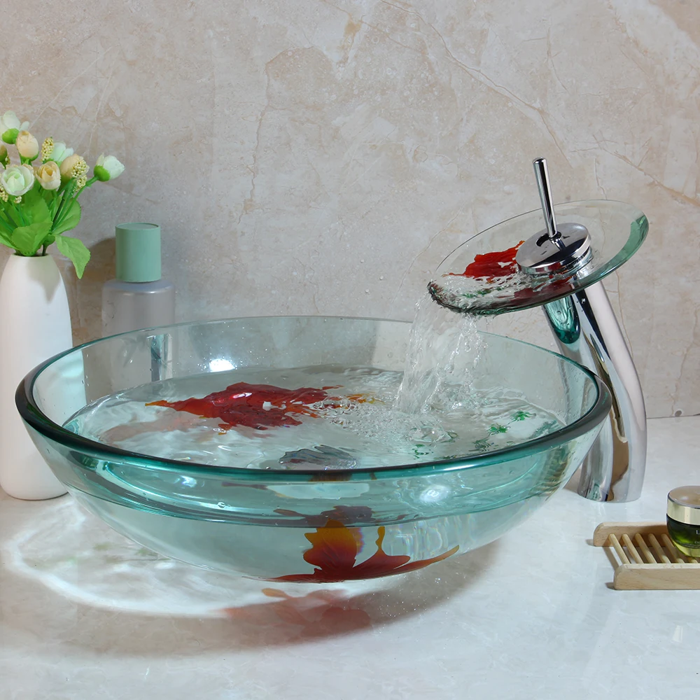 ZAPPO Bathroom Art Gold Fish Tempered Glass Basin Sink Vanity Vessel Sink Bowl with Waterfall Faucet Mixer Round Sinks