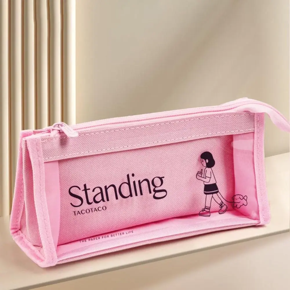 Multi Layer Canvas Transparent Pencil Case Minimalist Style Japanese Large Capacity Pen Bag Zipper Stationery Holder Bag