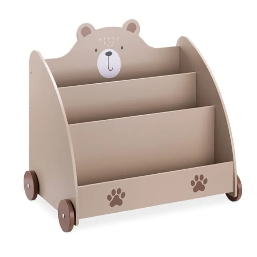Bookcase - s Bookshelf with Wheels and 3 Book Storage Shelves - Childs Bookshelves for Bedroom or Play Room - Brown Bear Design