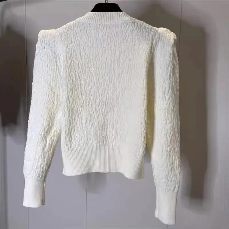 Spring Autumn Chic Cashmere Knitted Cardigans Women Chain Beaded Sweater Coat Solid Korean Short Knitwear White Cropped Cardigan