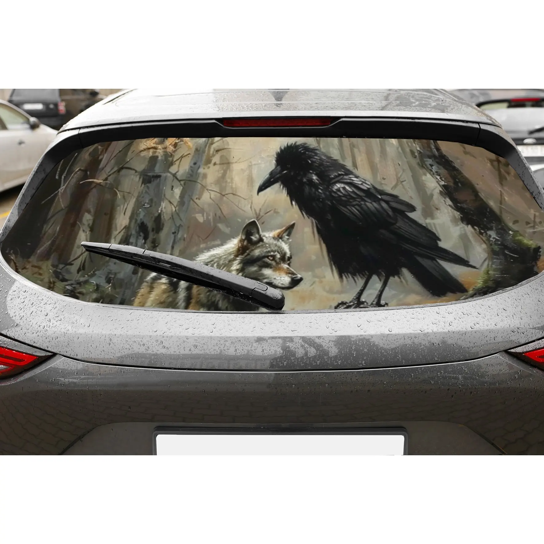 

Wolf & Black Raven Forest Print Car Rear Windshield Sticker Truck Window See Through Perforated Back Window Vinyl Wrap Decal Sel