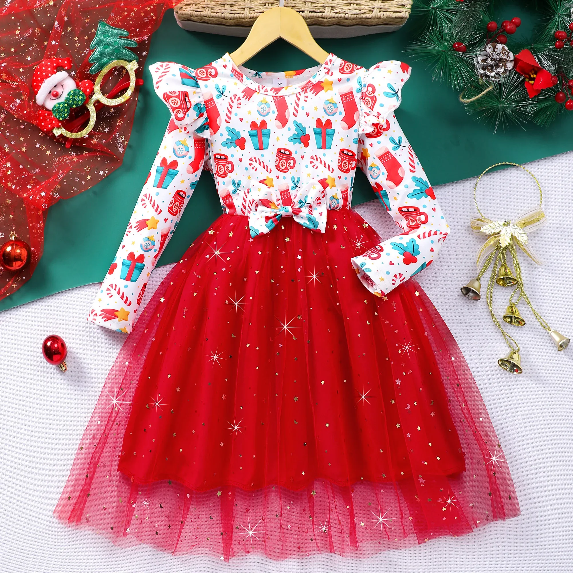 Christmas Kids Girls Dress Spring Autumn Long Sleeve Bow Christmas Style Holiday Gifts Children Dress Casual Soft Girls Clothing