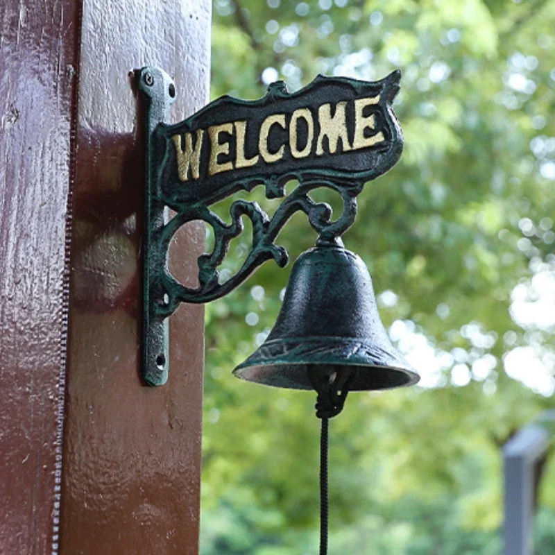 Timbre de puerta de estilo Retro europeo, bienvenido, número de casa listado de doble cara, timbre de hierro forjado, sonajero de mano para patio, cascabel