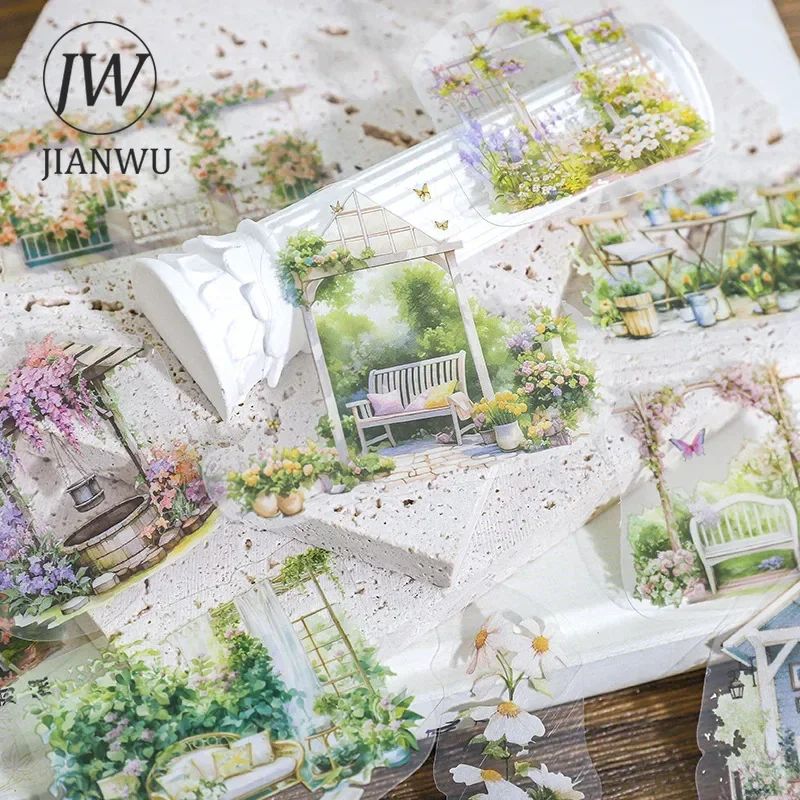 JIANWU Strolling in Fangting Series Vintage Flower Garden Landscape Material Collage PET Sticker Creative Journal Stationery