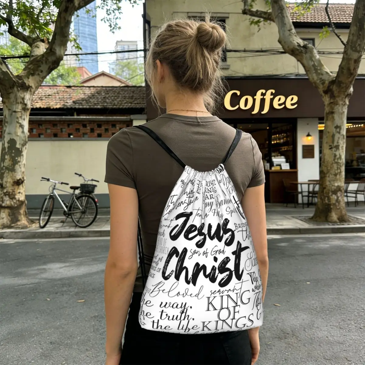 The Names Of God Yeshua Jesus Christian Backpacks Casual Drawstring Bundle Pocket Sports Bag Book Bags for Man Woman Students
