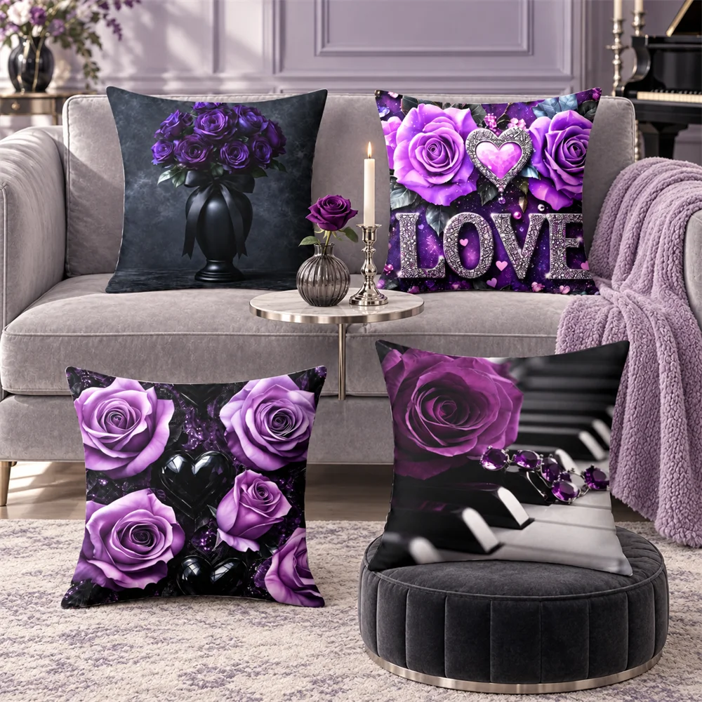 Dark Gothic Purple Floral Cushion Cover Soft Short Plush Pillow Cases Hidden Zipper Cutecore Sofa Bedroom Home Decor Gift