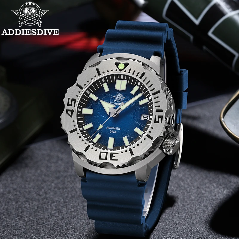 Addiesdive Saffier Lichtgevende Nh35 Beweging Duiker Horloges 20bar Waterdicht Automatisch Mechanisch Horloge Ad2047 Blauwe Wijzerplaat Polshorloge