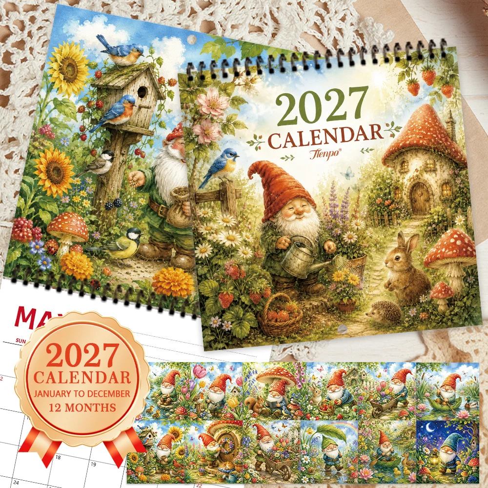 1pc 2027 Vintage Forest Gnome Wall Calendar,12‑Month Planner,Gift For Back‑to‑School,Christmas,New Year,Free Stickers Included