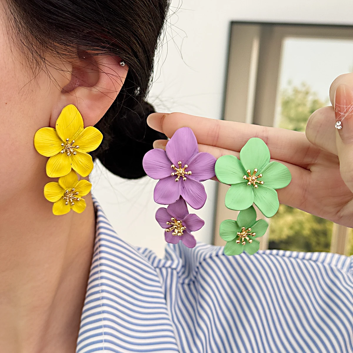 Fashionable New Earrings With Female Personality Trend Multi-color Double-layer Flower Earrings Simple And Sweet Earrings
