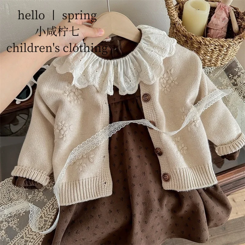 Girls Spring and Autumn New Korean Style retro Crocheted Knitted Cardigan Floral Dress Two-piece Set
