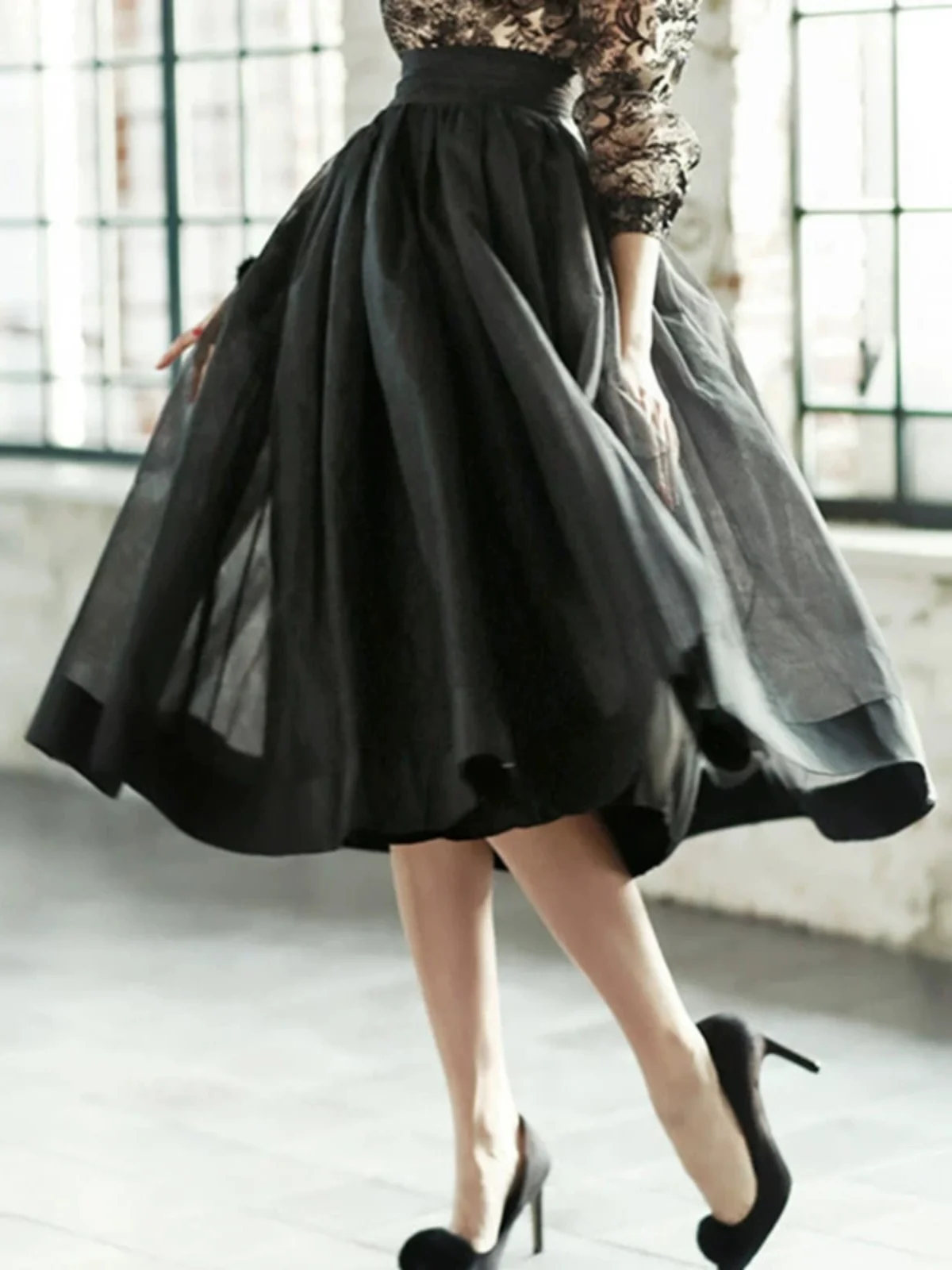 High Waist Euro Organza Puffy Skirt Hepburn Sle Slimming Me Midi Bla Versatile Women's f Body Skirt Commute Korean S...