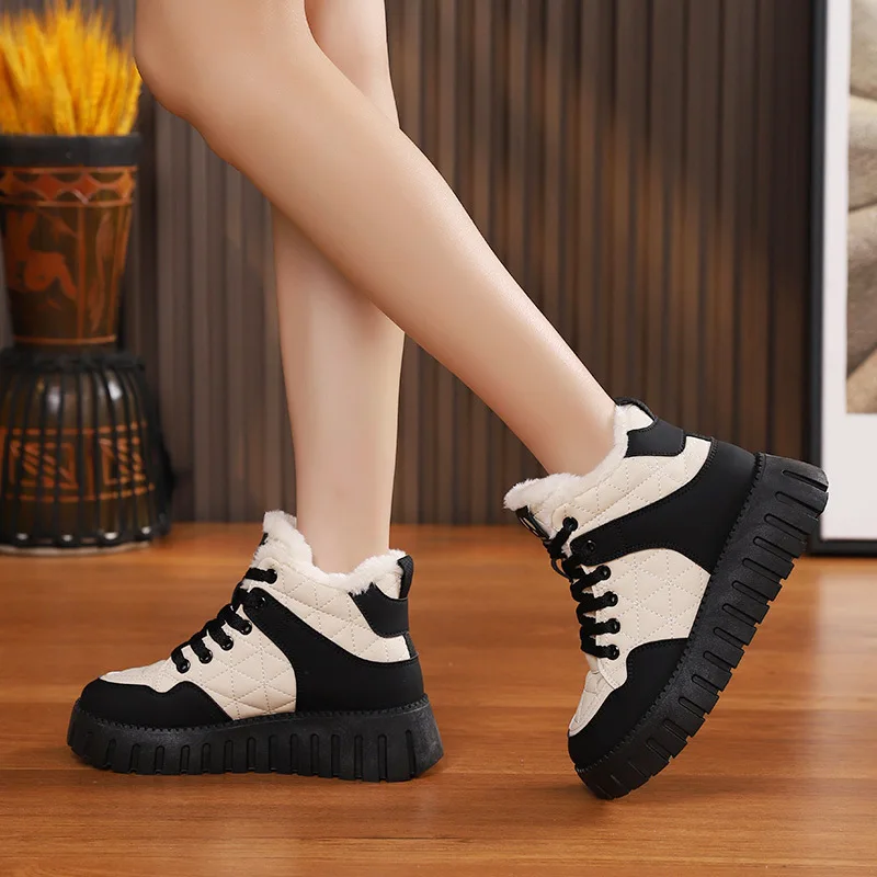 

Winter Thick Soled High Top Suede Women's Shoes Thickened Color Blocking and Height Increasing Sneakers Round Toe Cotton Shoes