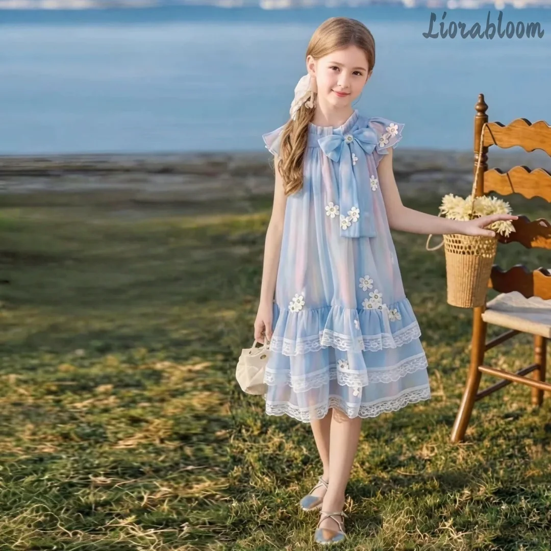 

Girls' Blue Seaside Gown Bright Elegant Evening Dress Ditsy Floral Sundress Princess Style Party Dress Flower Girl Attire