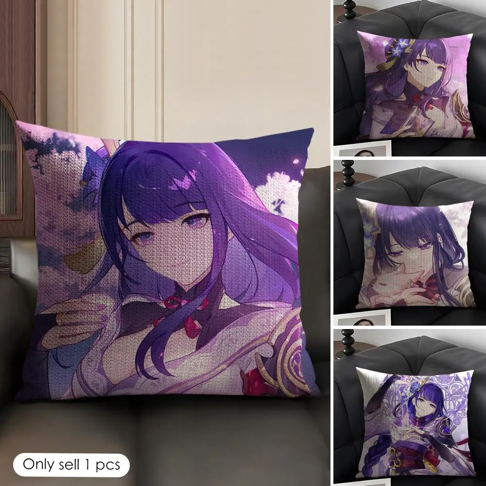 Genshin Impact Raiden Shogun Cushion Cover Natural Linen Organic Fabric Double-Sided Printing Breathable Perfect Gift For Decor