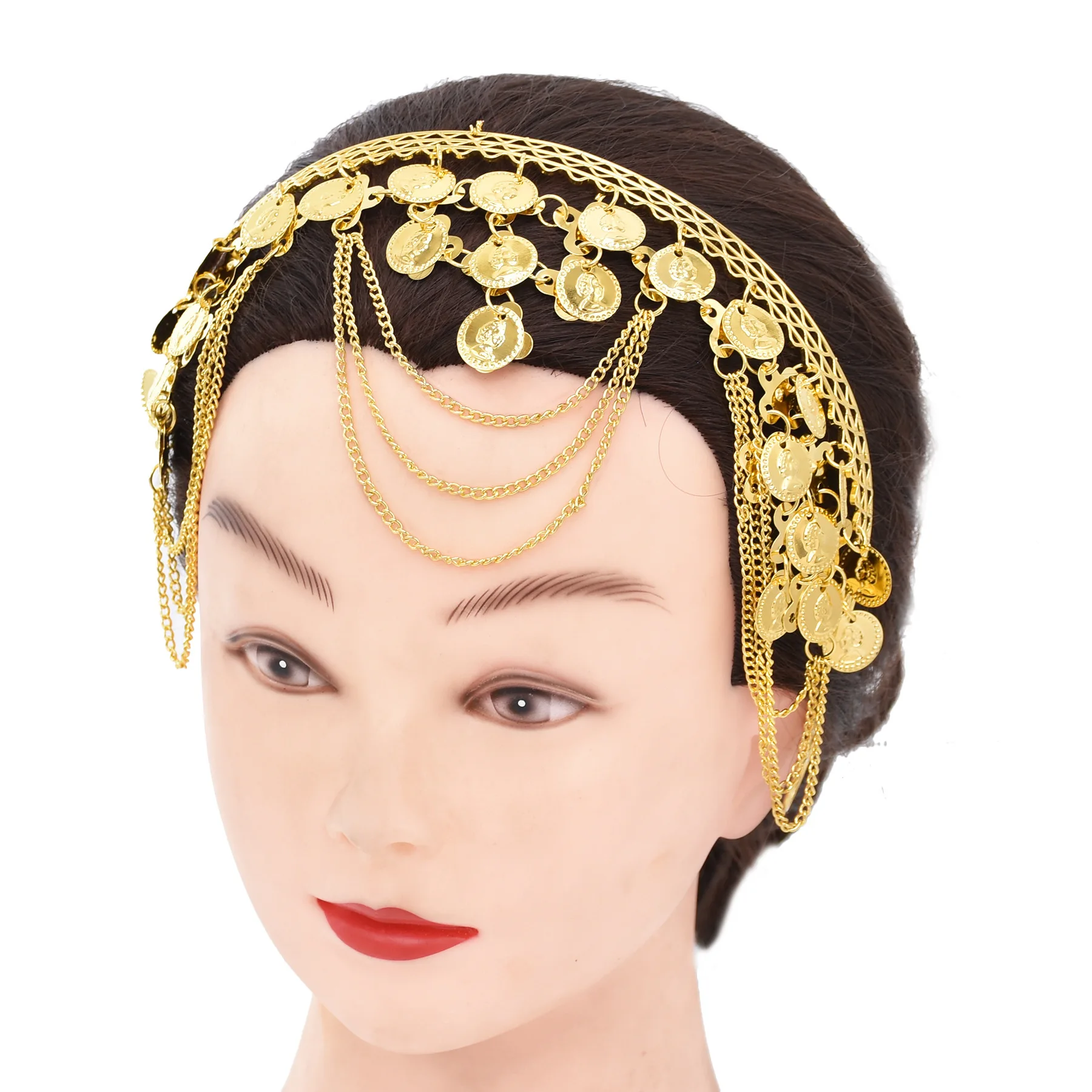 

Ethnic style multi-layered golden chain coin headband, retro and shiny alloy hair accessory for women, dance headwear and jewelr