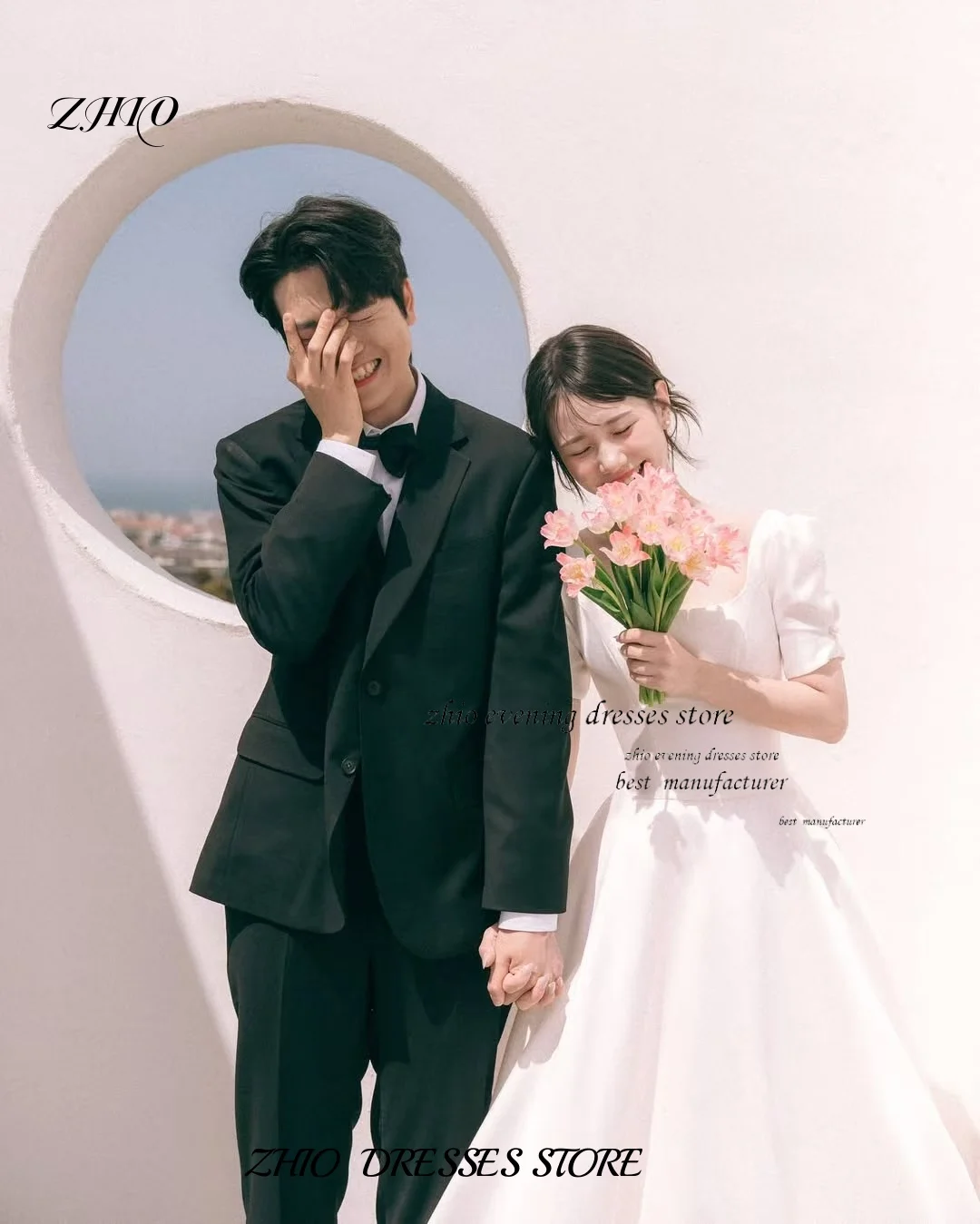 ZHIO ที่กําหนดเองสแควร์คอแขนสั้นซาตินชุดแต่งงานเกาหลี A-Line Corset ความยาวชั้นงานแต่งงาน