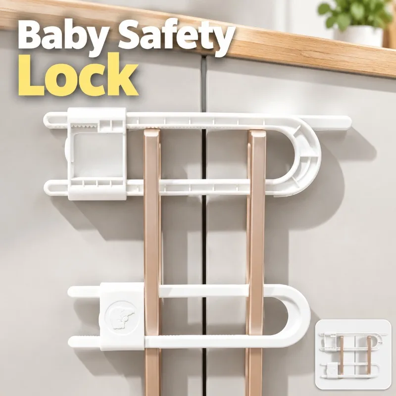 U Shaped Baby Safety Lock ABS Adjustable Cabinet Fridge Drawer Door Lock 19cm White, Punch‑Free Adhesive U‑Shape Child Proof