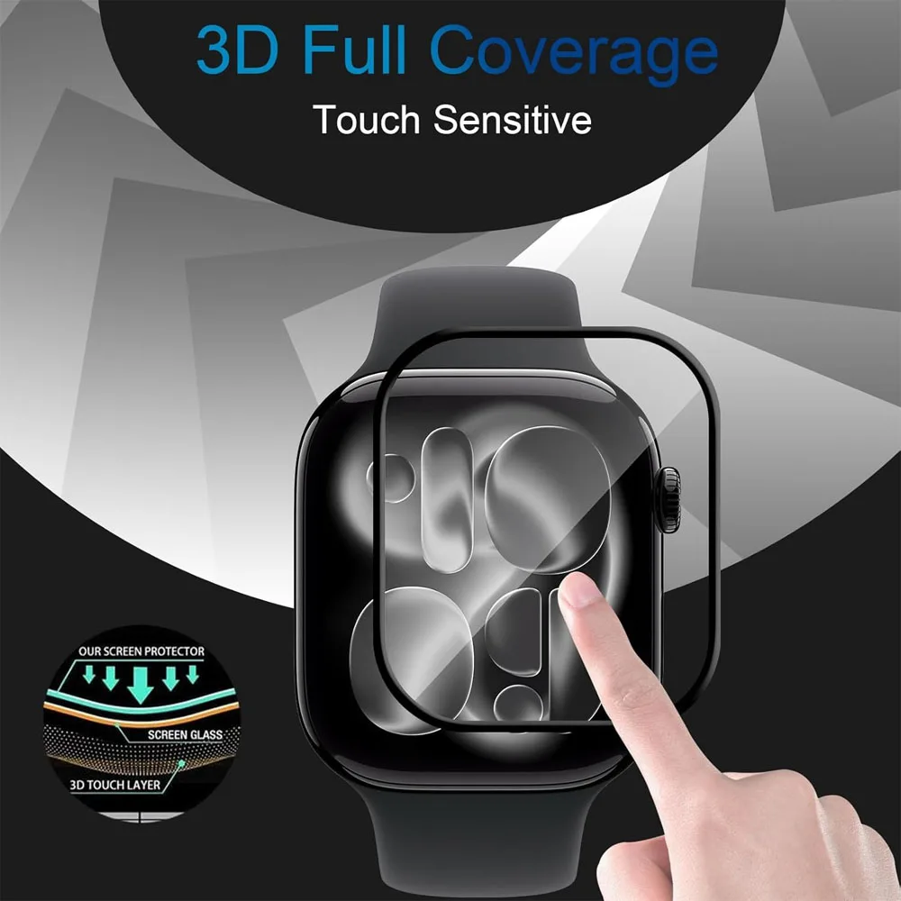 واقي شاشة لساعة أبل 11 42 ملم 46 ملم فيلم زجاجي ناعم ثلاثي الأبعاد عالي الدقة خالي من الفقاعات ومضاد للغبار ومقاوم للخدش iWatch Series 10 11