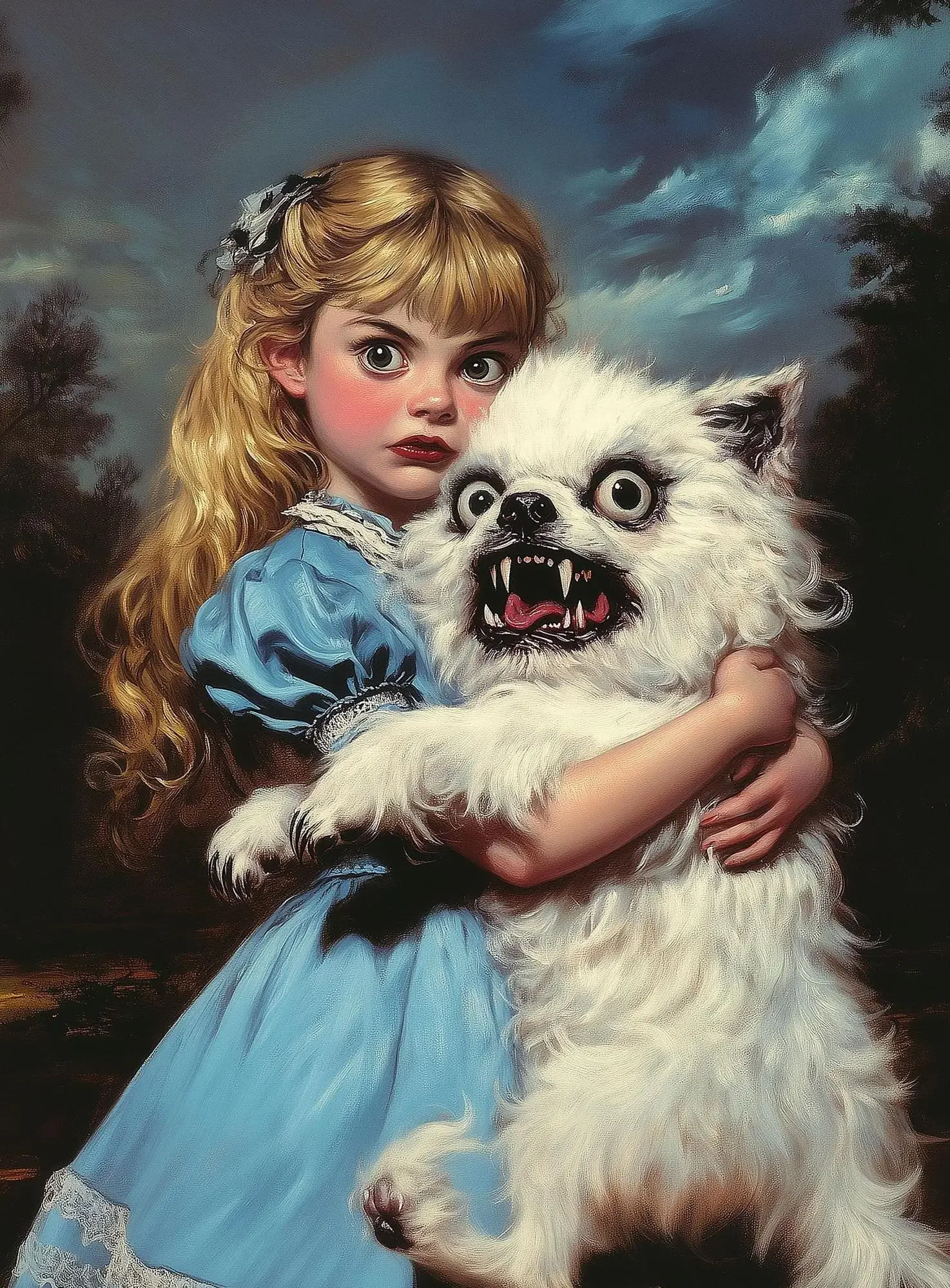 Whimsical Surreal Scary Animals Poster,Unframed Creepy Girl Holding Ugly Dog Prints Canvas Painting Wall Art for Home Room Decor