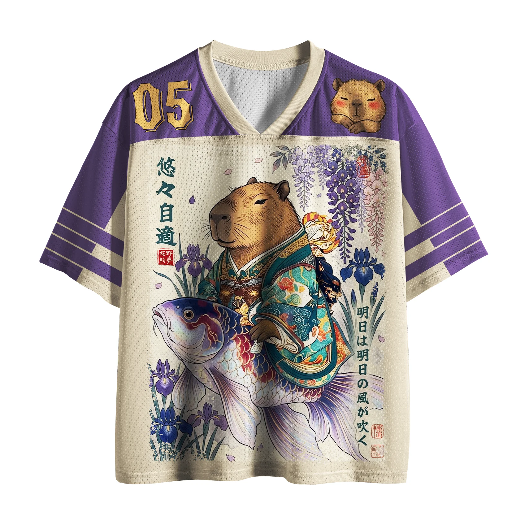 Japanese Capybara Riding A Koi Carp T-shirt, Ukiyo-e Wisteria and Iris Flower Kanji Print T-shirt, Harajuku Street Style Top.