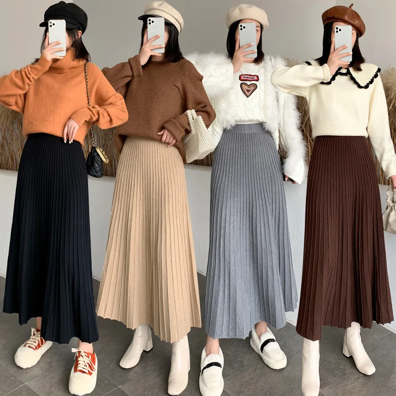 ใหม่ถักครึ่งจีบเสื้อกันหนาวAll-Matchเอวสูงขนาดใหญ่Swing A- LineสะโพกกระโปรงSaia Plissada Feminina Ropa Para Mujer