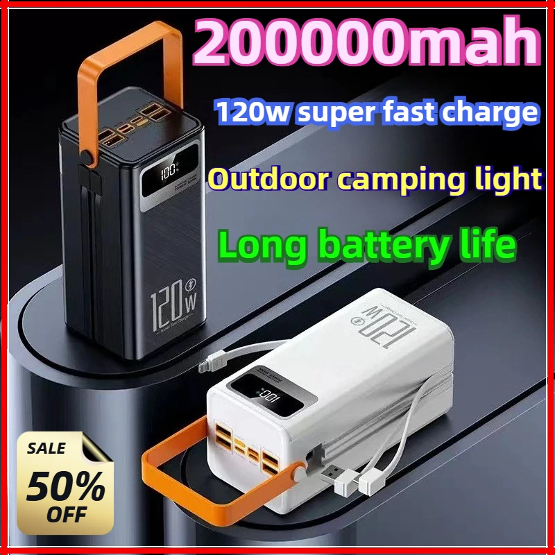 

200000mAh 120W Fast Charging Built-in 4 Cables For IPhone For Xiaomi For Huawei Spare Battery for Outdoor Camping