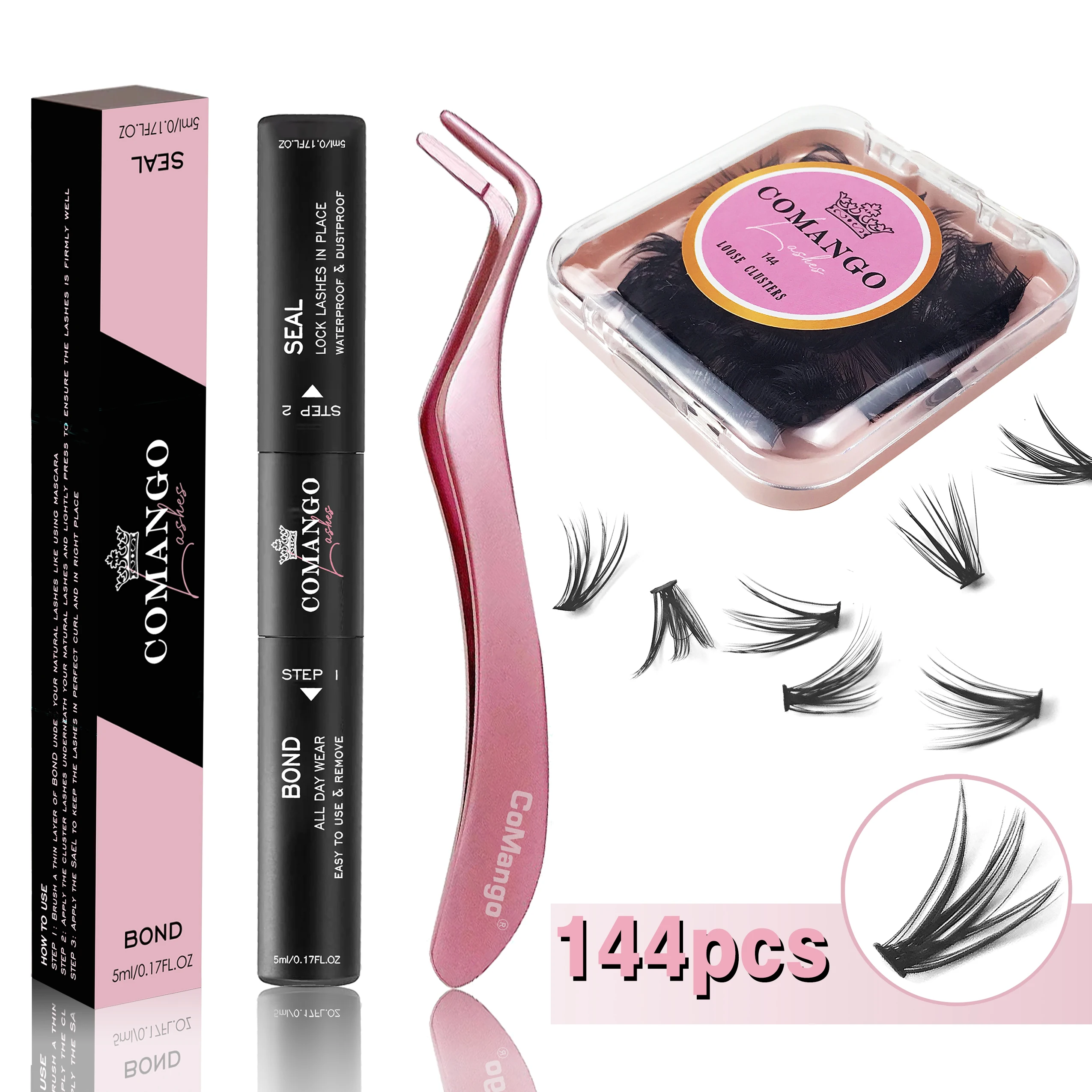 DIY Cluster Lashes Kit 144PCS Premade Volume Fans Eyelash Kit Bond and Seal Lash Glue Long Lasting Waterproof Eyelash Makeup