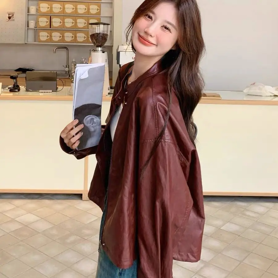 Ankela Red Retro Motorcycle PU Leather Jacket Women's Short Fashion Anti-aging Autumn New Style Premium Quality Ladies Coat