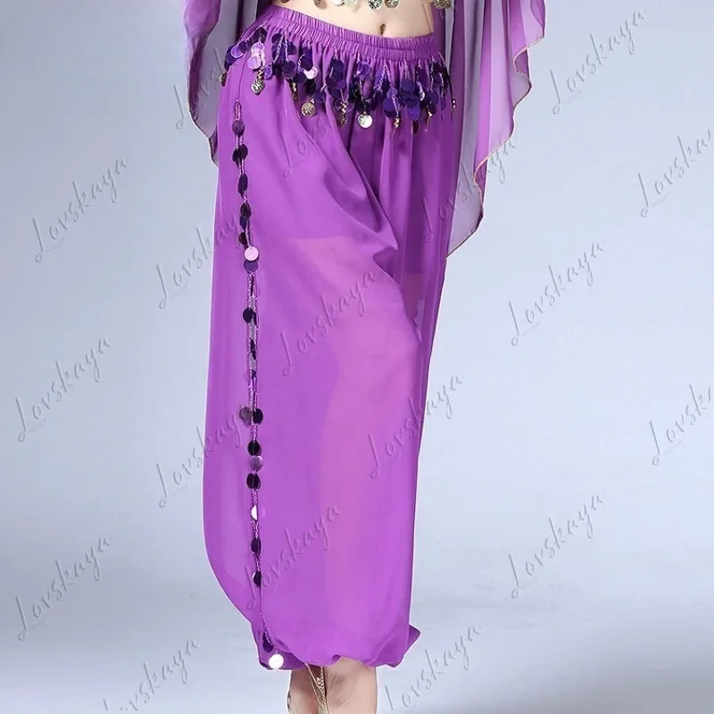 

Новые брюки для танца живота, танцевальный костюм, тренировочный костюм с блестками, широкий фонарь с разрезом