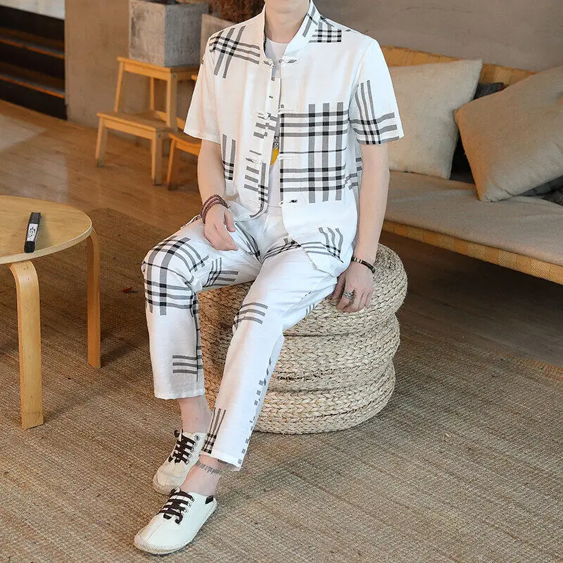 

Shirt Pants 2025 summer Chinese Style men shirt Cotton and linen shirts men's High quality casual shirts Two Piece