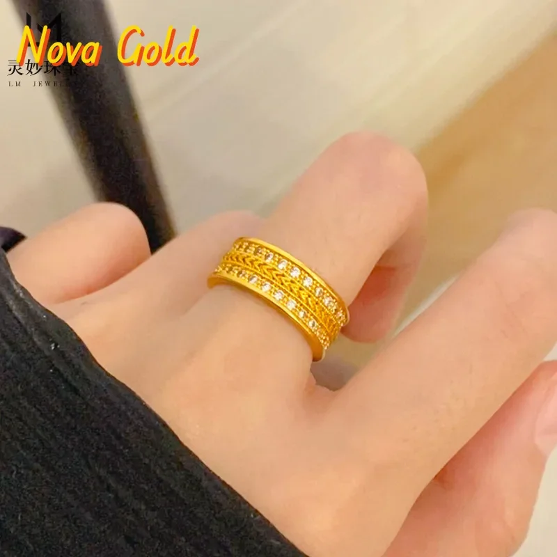 NovaGlod New Chinese style 24K real gold ancient method engraved dot drilled wheat ear ring 9999 years old Ping An closed mouth