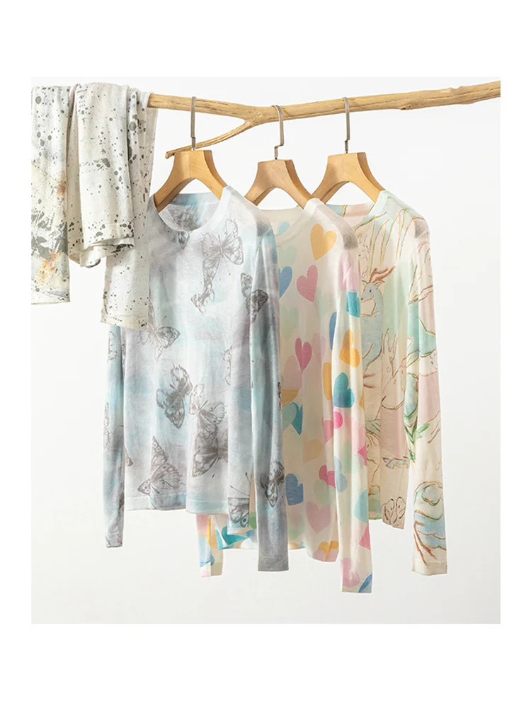 SuyaDream, Women Printed Pullovers, Wool Lyocell Blend, Round Collar, Plain Knit T shirts, 2024 Fall Winte Top