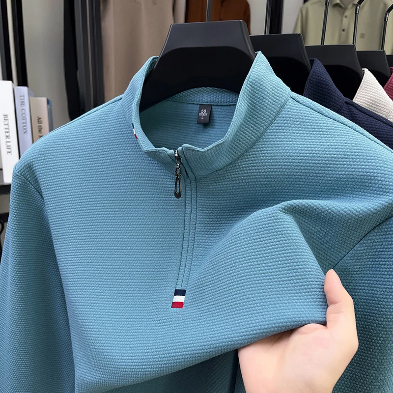 

Мужская футболка оригинального качества из 100 хлопка с воротником-стойкой, простая полумолния с длинным рукавом, осенняя универсальная повседневная трендовая мужская одежда