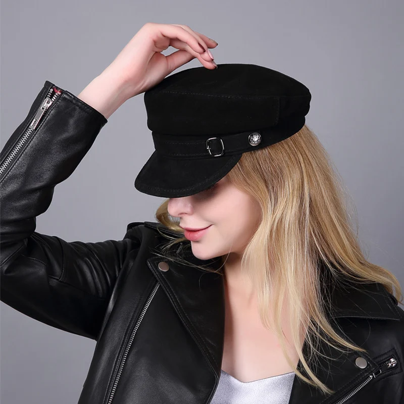 

Navy Hat Men Women European/American Fashion Genuine Leather Caps Male Casual White/Black Flat Top Navy Army Hat