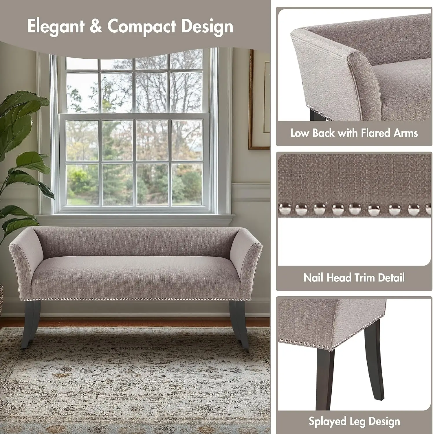 Upholstered Accent Entryway Bench With Backrest Padded Seat Cushion Decorative Nailhead Trim End Of Bed Storage Bench Support Stand For Living Room Bedroom Grey - view 4